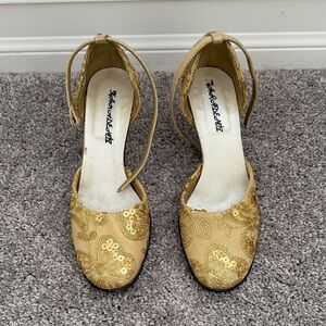 Gold Embroidered Ankle-Strap Heels